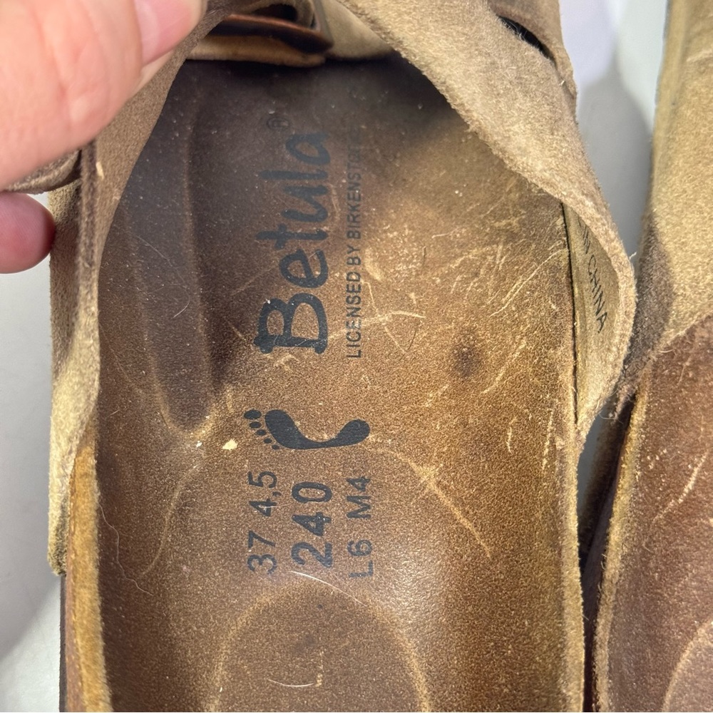 Betula Birkenstock size 37 Ladies 6 Men’s 4 Slide on Sandals Tan Suede - Picture 10 of 11